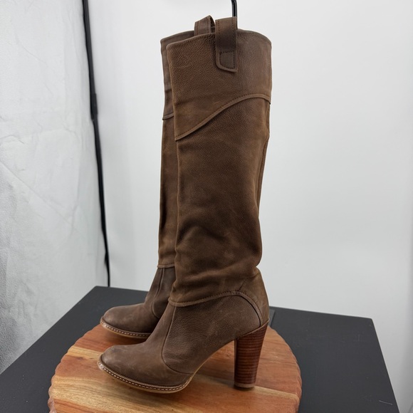 Jigsaw brown leather Tall Pull On heeled Boots sz 37 US 6 over the knee - Picture 4 of 12